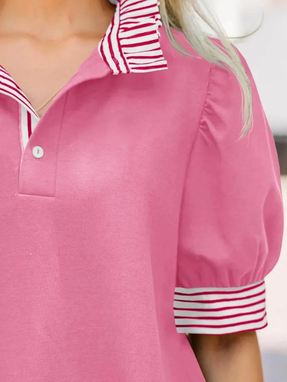 Women's Summer Puff Sleeve Blouse Pink Ruffle V Neck Tops Color Block Striped